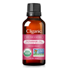 Label shows 100% pure, single-ingredient geranium essential oil