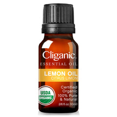 Amber bottle of 100% pure lemon essential oil from Cliganic
