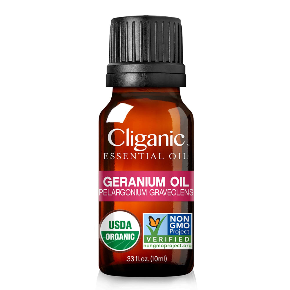 USDA Organic seal close-up on Geranium essential oil bottle