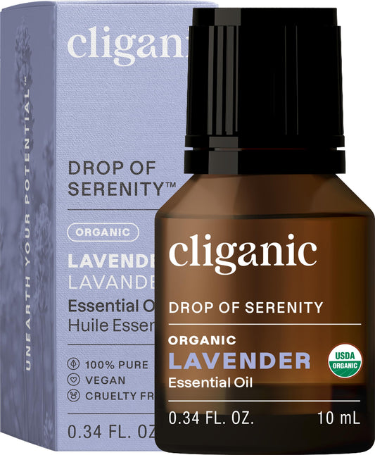 Bottle of Cliganic Organic Lavender Essential Oil with label