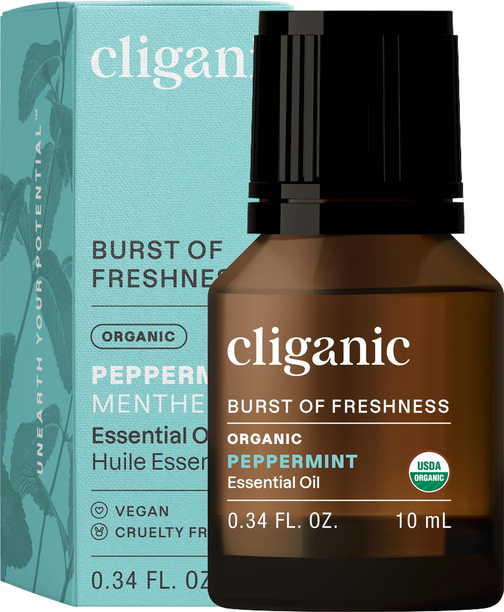 Cliganic Organic Peppermint Essential Oil bottle with dropper