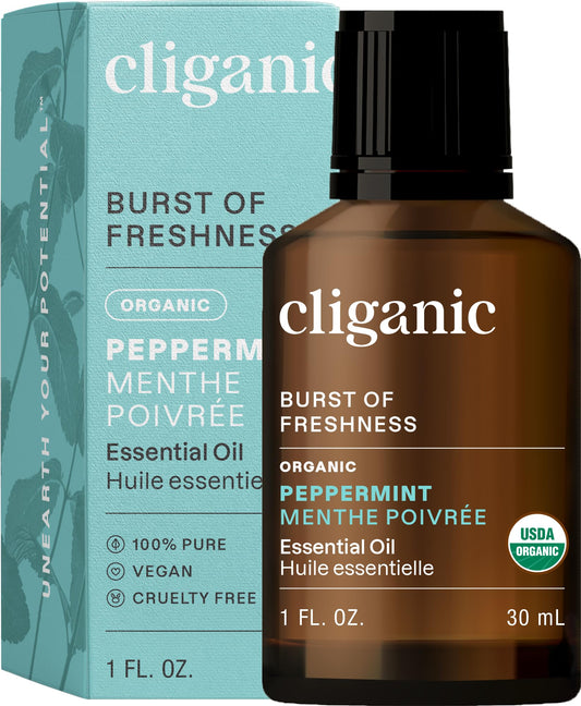 1oz bottle of Cliganic Organic Peppermint Essential Oil
