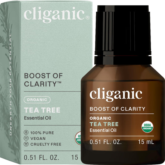 Cliganic Organic Tea Tree Essential Oil bottle with USDA Organic seal