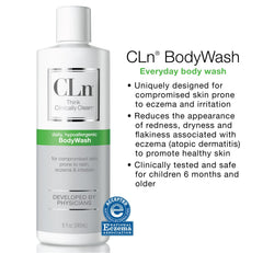 CLn BodyWash label highlights fragrance-free formulation for irritated skin