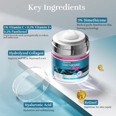 CLNABFR ingredients close-up showing dimethicone and vitamin C for scar support.