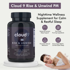 Nutrition facts label on Cloud9 Rise & Unwind PM bottle