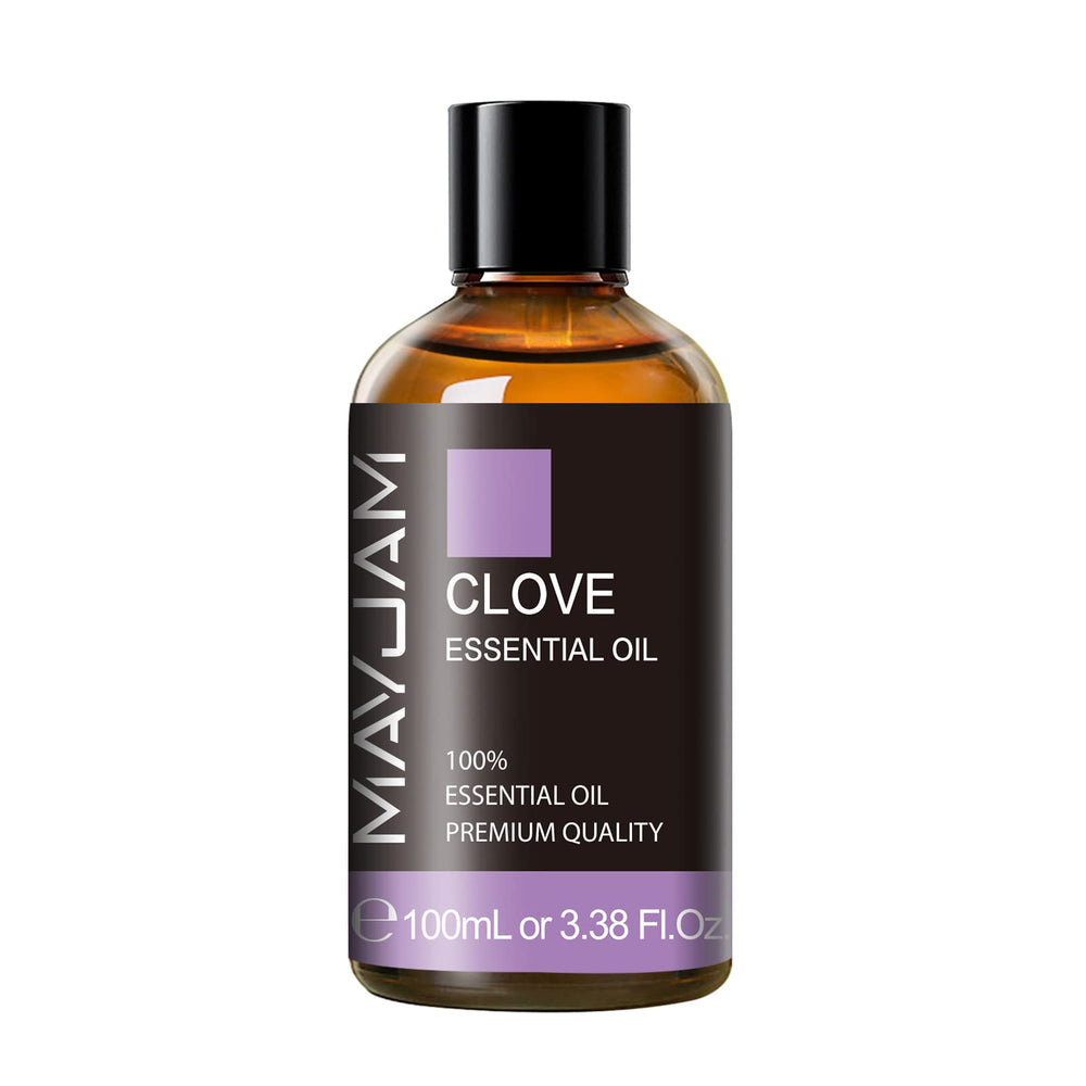 Close-up of MAYJAM Clove Essential Oil amber bottle 100ml