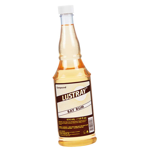 Clubman Lustray Bay Rum aftershave bottle on shelf, classic grooming and post-shave refresh.
