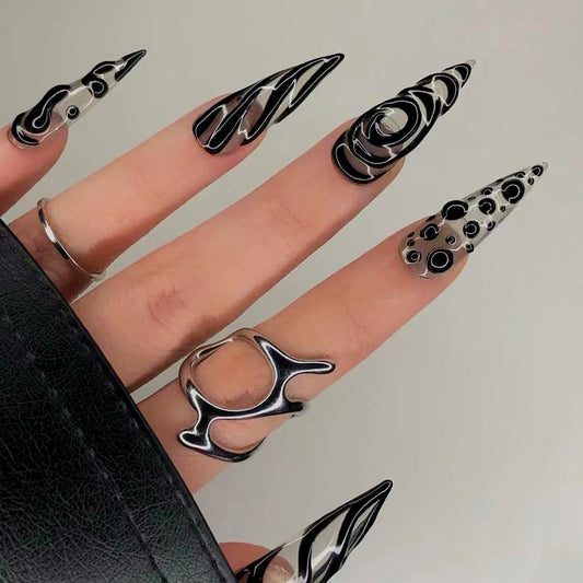 clvpai black swirl nails long stiletto for dramatic Halloween look