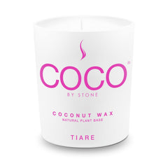 COCO by Stone Tiare candle label close-up, premium presentation and scent cue.