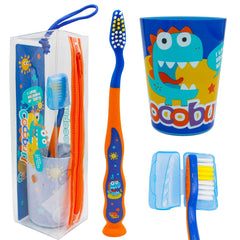 COCOBURI dinosaurs 4-piece kids toothbrush set with travel pouch