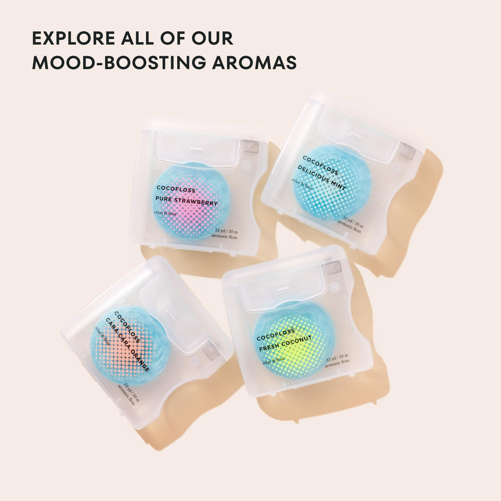 Kid-friendly coconut-scented dental floss packaging