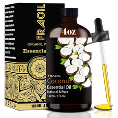 Amber glass bottle of coconut essential oil with a 4 oz (120 ml) capacity and dropper