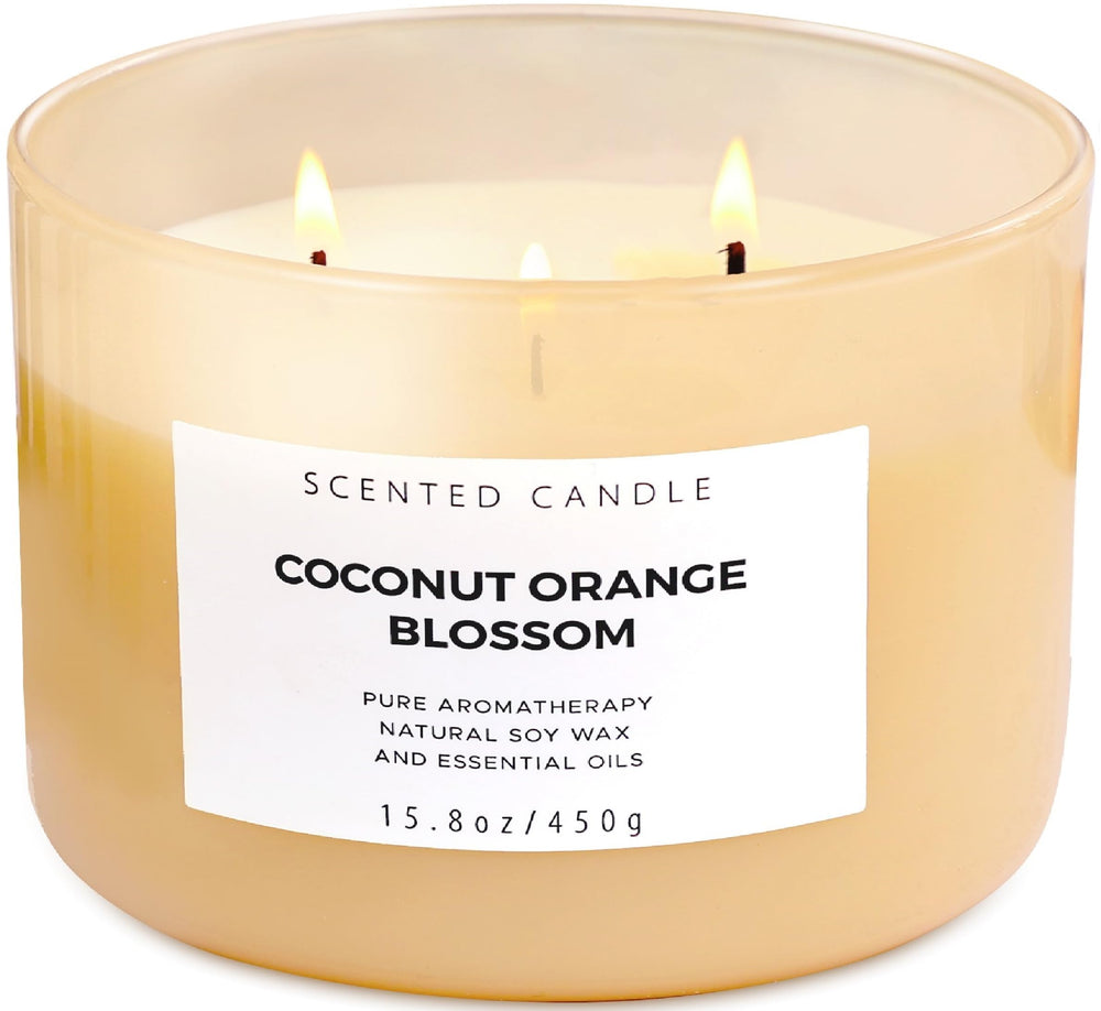 Coconut Orange Blossom 3-Wick Soy Candle in clear glass jar (15.8 oz).