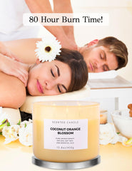 Scent notes graphic featuring coconut, orange blossom, florals and cedarwood.