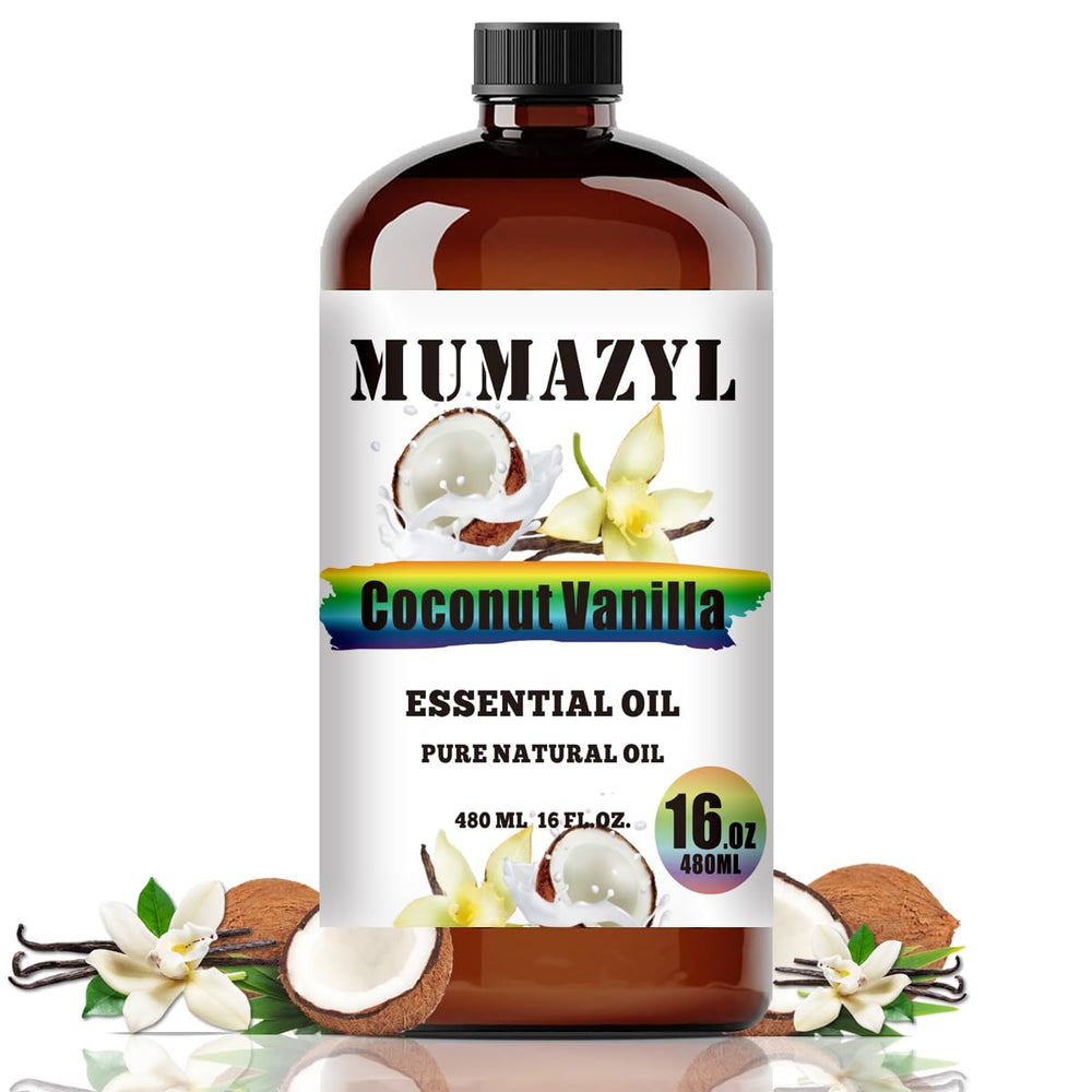 16 oz amber glass bottle of Coconut Vanilla Essential Oil with flow-control stopper