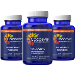 CocoaVia Memory+ bottle front, showcasing packaging and daily brain support potential.