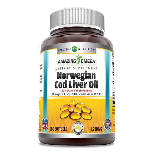 Norwegian Cod Liver Oil 1250 mg softgels lemon flavor bottle, 250-count