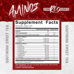 Back label with ingredients and nutrition facts for Code Red Aminos