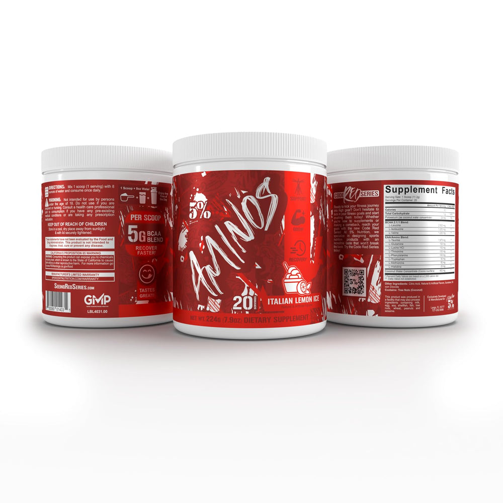 Packaging/back of Code Red Aminos Italian Lemon Ice