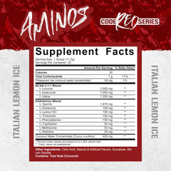 Side view of Code Red Aminos bottle with Italian Lemon Ice label