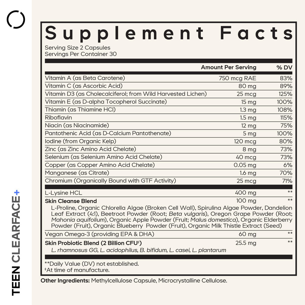 Front label of Codeage Teen Clearface showing vitamins A, C, D3, and E