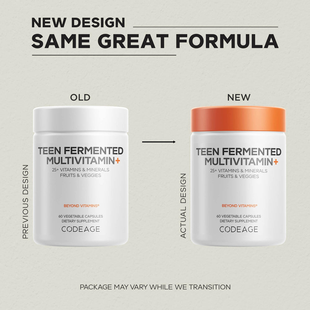 Codeage Teen Multivitamin whole-food blend highlights natural fruit and vegetable nutrient sources.
