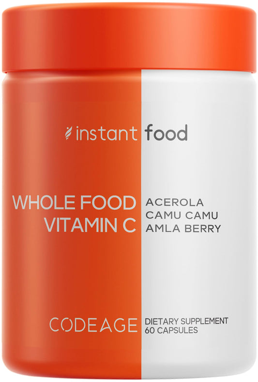 Codeage Whole Food Vitamin C blend with acerola, camu camu, amla berry and rose hips in a 60 capsule bottle (500 mg per serving).