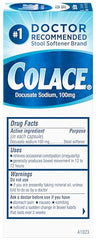 Colace 100mg stool softener capsules for easy, gentle relief.