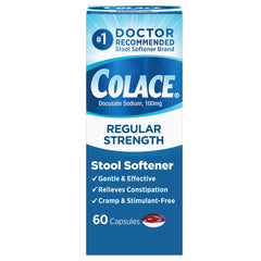 Colace bottle and capsules 60-count for gentle constipation relief.