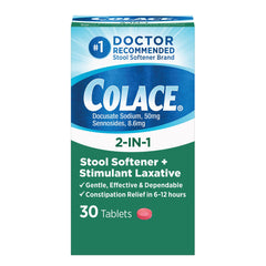 Colace bottle and packaging shown for on-the-go relief.