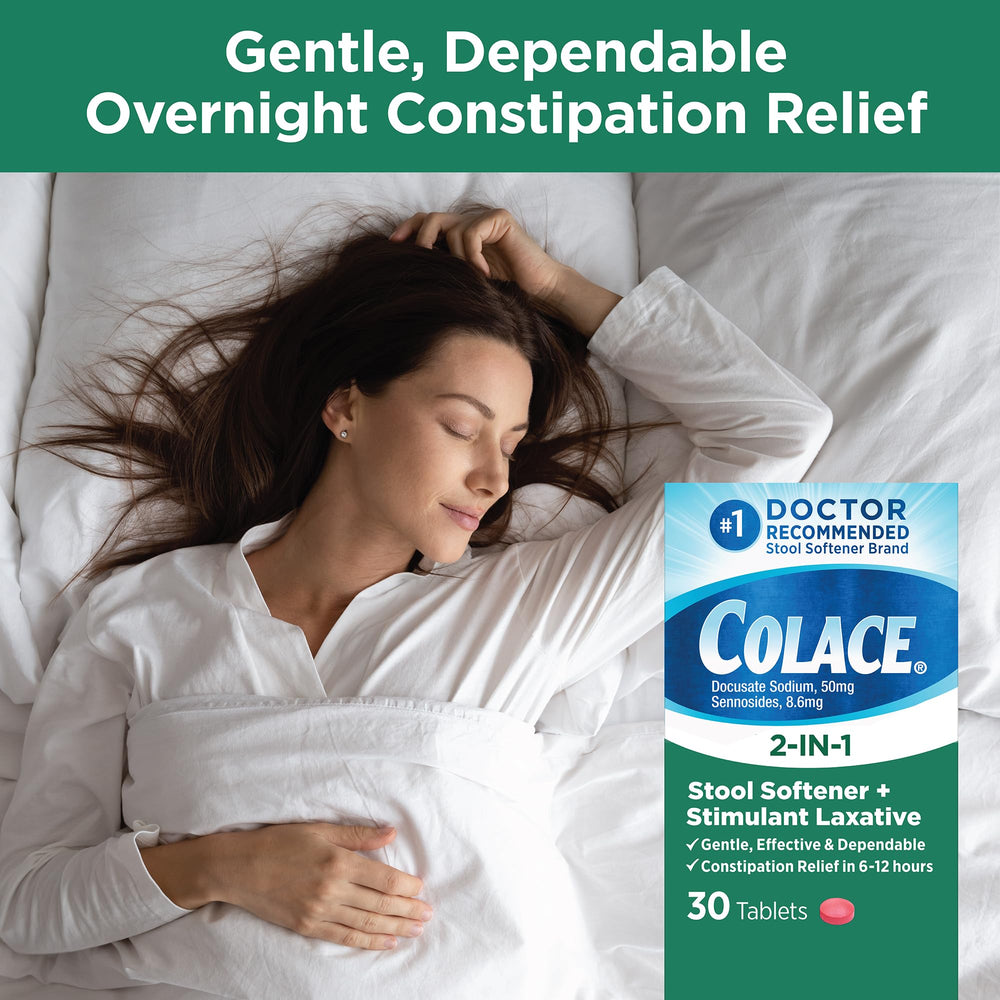 Colace bottle with glass of water suggests gentle use.