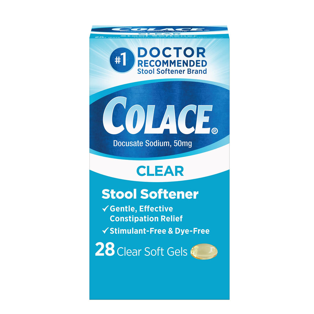 Colace clear stool softener soft-gel bottle on countertop for easy relief