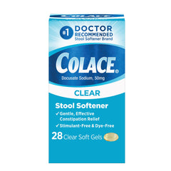 Colace clear stool softener soft-gel bottle on countertop for easy relief
