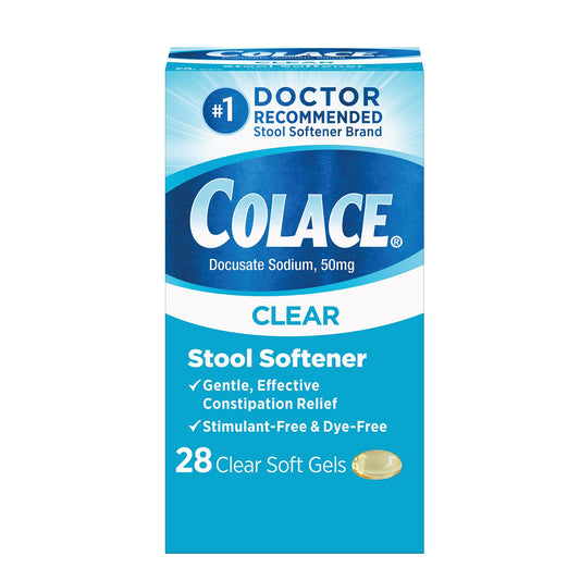 Colace clear stool softener soft-gel bottle on countertop for easy relief