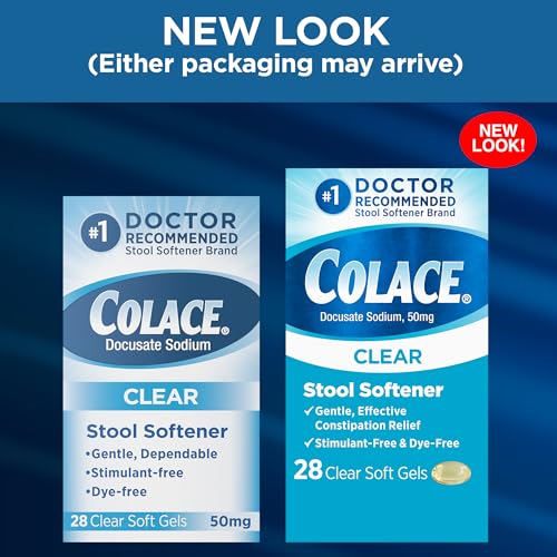Colace clear stool softener soft gels close-up showing dye-free formula