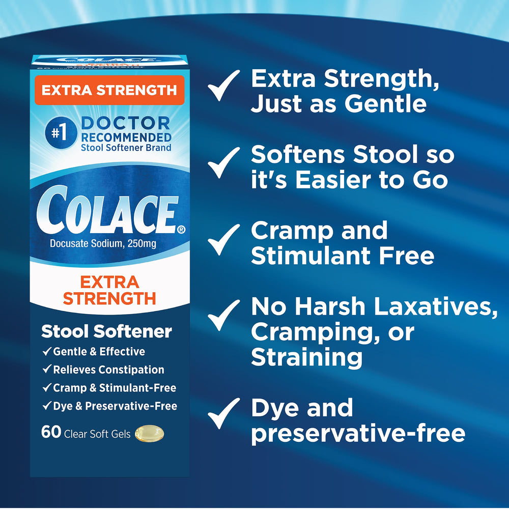 Colace softgel capsule closeup for convenient, gentle constipation support.