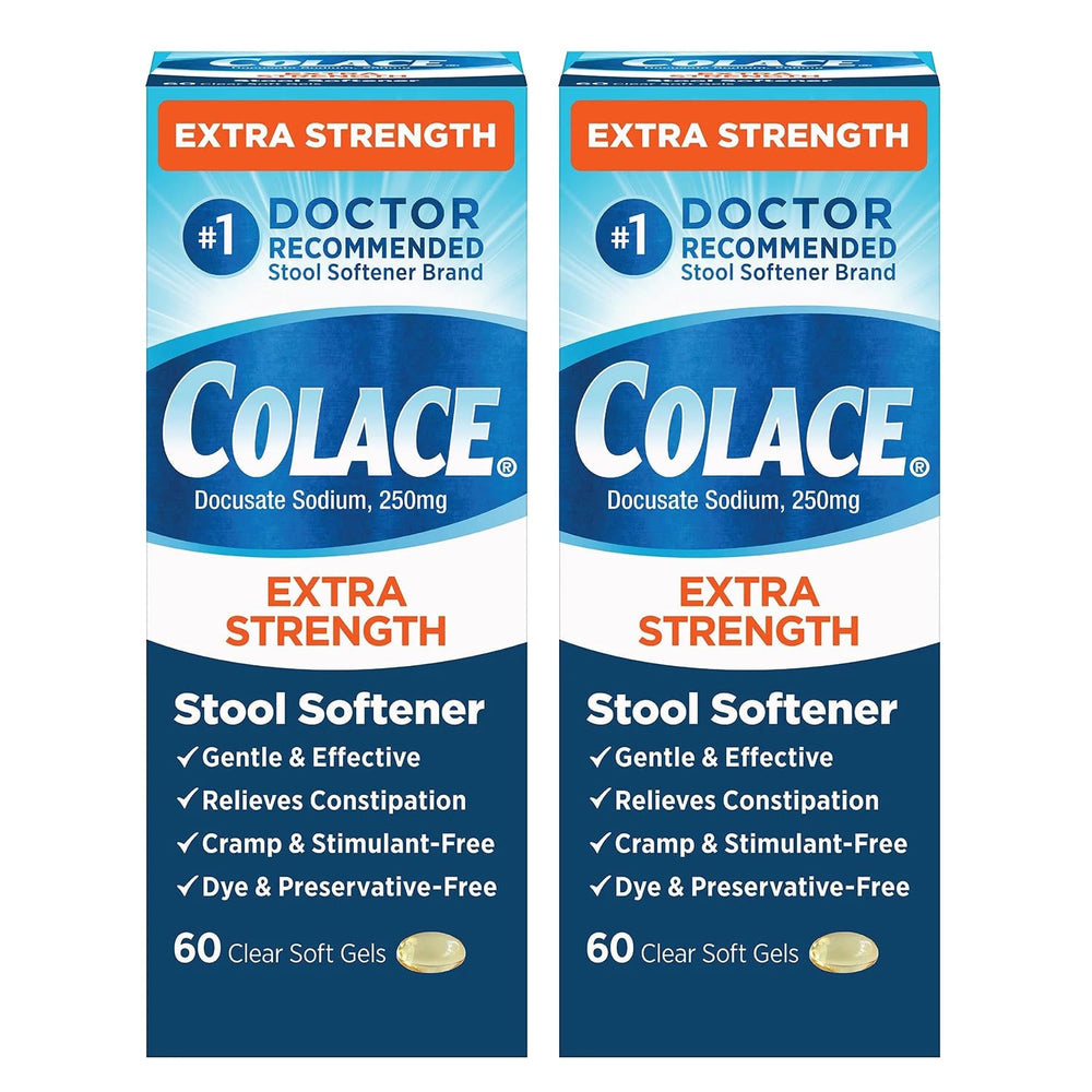 Colace extra-strength stool softener packaging illustrating gentle, dependable relief options.