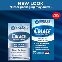 Colace Regular Strength packaging front emphasizes doctor recommendation and 30-count convenience