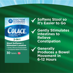 Colace tablets in hand illustrate portable relief.
