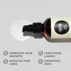 Close-up of cold-pressed castor oil bottle