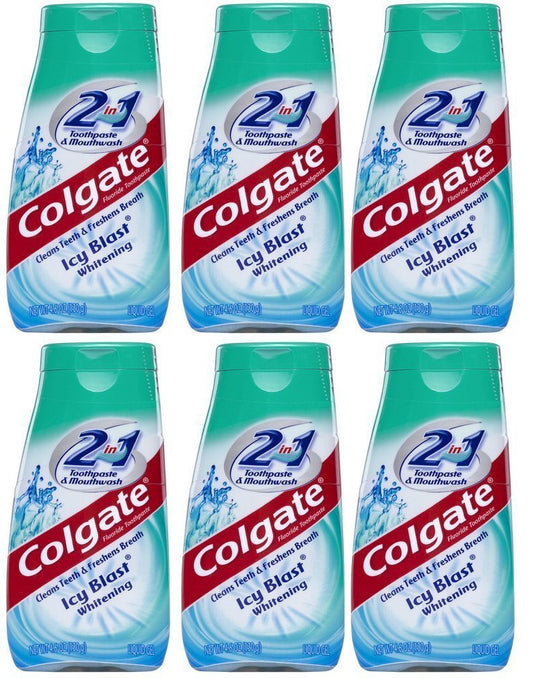 Colgate 2-in-1 toothpaste and mouthwash Icy Blast six-pack packaging (4.6 oz tubes)