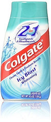 Close-up of Colgate 2-in-1 whitening toothpaste and mouthwash bottle Icy Blast
