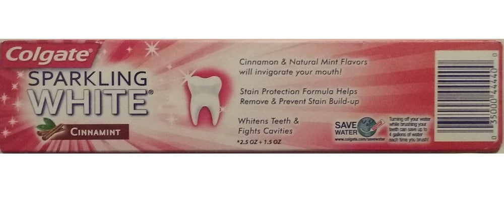 Colgate Sparkling White Cinnamint toothpaste box showing cinnamon and mint imagery