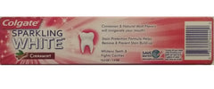 Colgate Sparkling White Cinnamint toothpaste box showing cinnamon and mint imagery