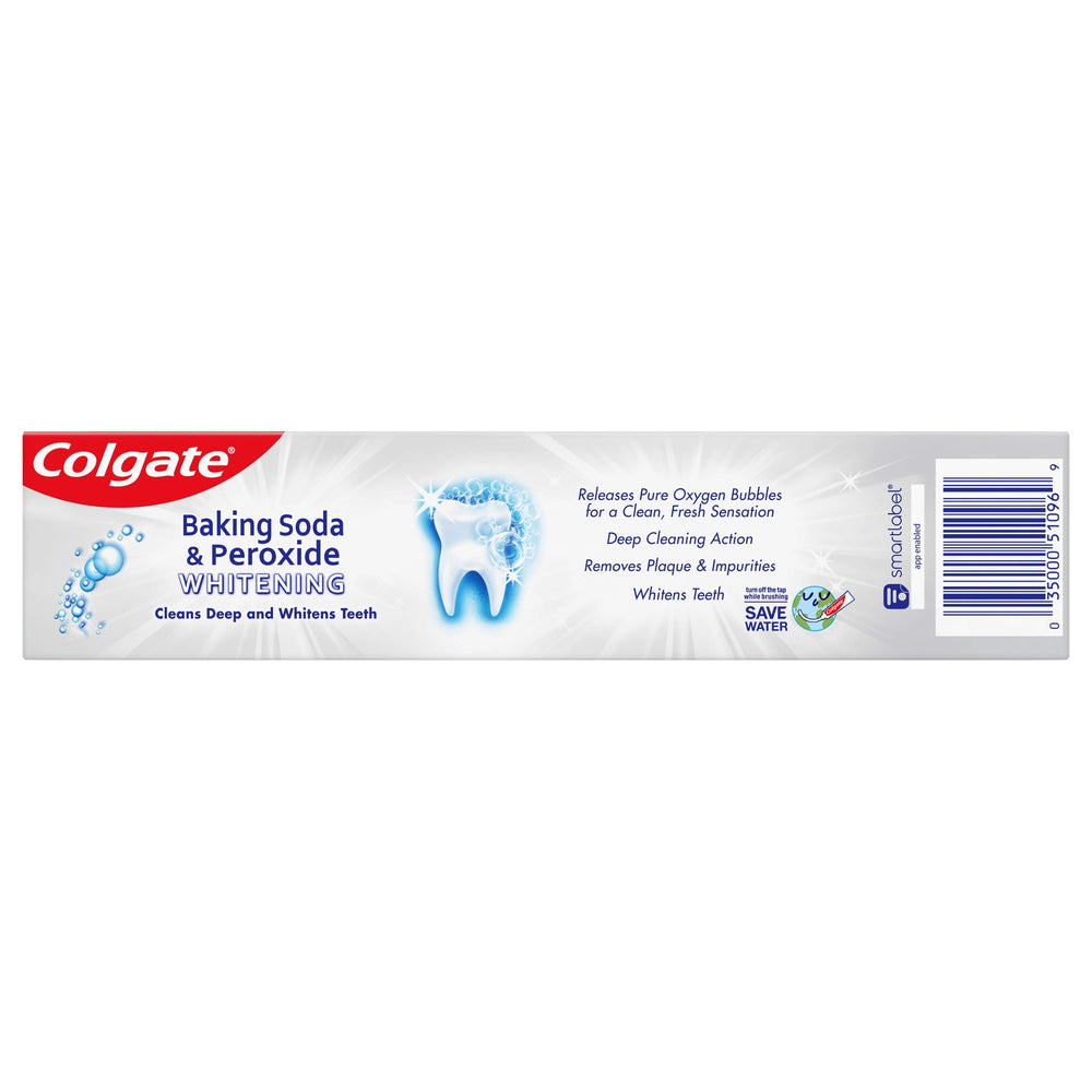 Side view of Colgate Baking Soda & Peroxide Whitening Bubbles toothpaste box