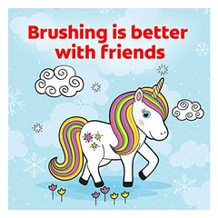 Close-up of unicorn design on Colgate Kids toothbrush