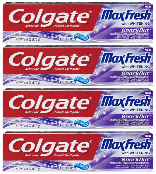 Front view of Colgate Max Fresh Knockout toothpaste 6 oz in a 4-pack