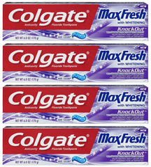 Front view of Colgate Max Fresh Knockout toothpaste 6 oz in a 4-pack