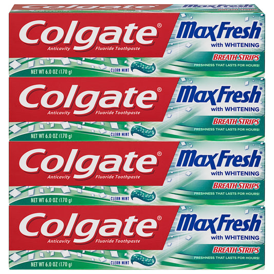 Colgate Max Fresh Whitening Toothpaste with Breath Strips Clean Mint 6 oz 4-pack front view